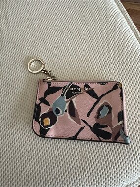 kate spade Pink Floral Card Holder Key Ring with Gold Hardware